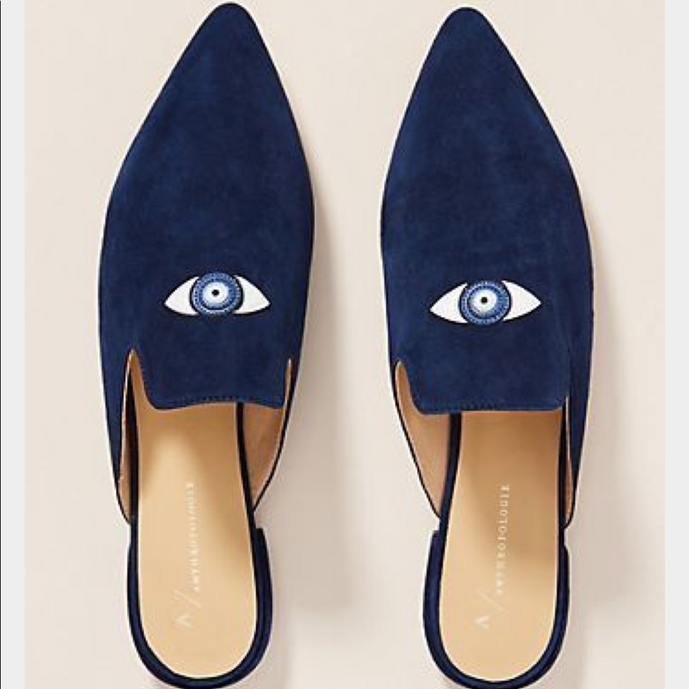 Anthropologie Navy Suede Pointed- Toe Eye Embroidered Mules
